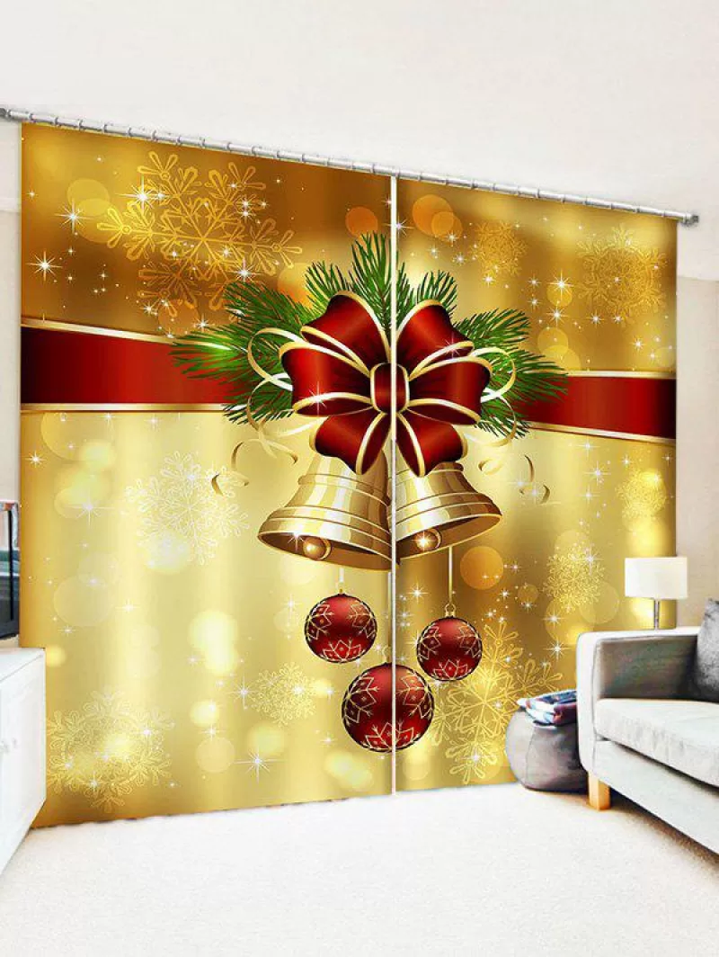 2 Panels Christmas Balls Bells Bowknot Pattern Window Curtains