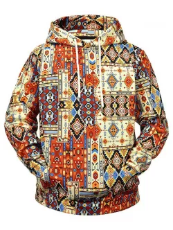 Allover Tribal Print Kangaroo Pocket Hoodie