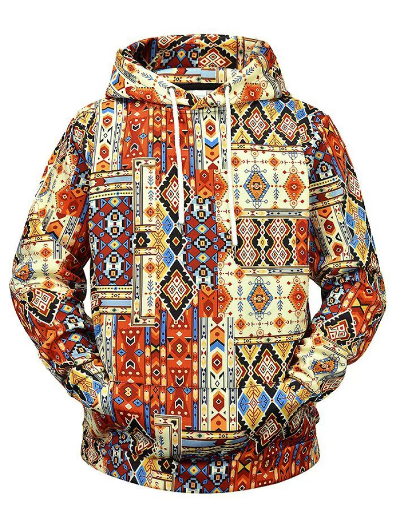 Allover Tribal Print Kangaroo Pocket Hoodie