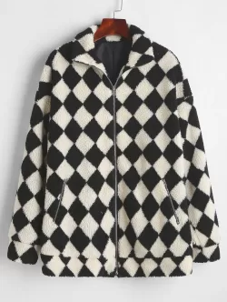 Argyle Drop Shoulder Zip Pocket Teddy Coat