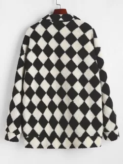 Argyle Drop Shoulder Zip Pocket Teddy Coat