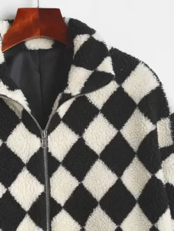 Argyle Drop Shoulder Zip Pocket Teddy Coat