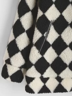 Argyle Drop Shoulder Zip Pocket Teddy Coat