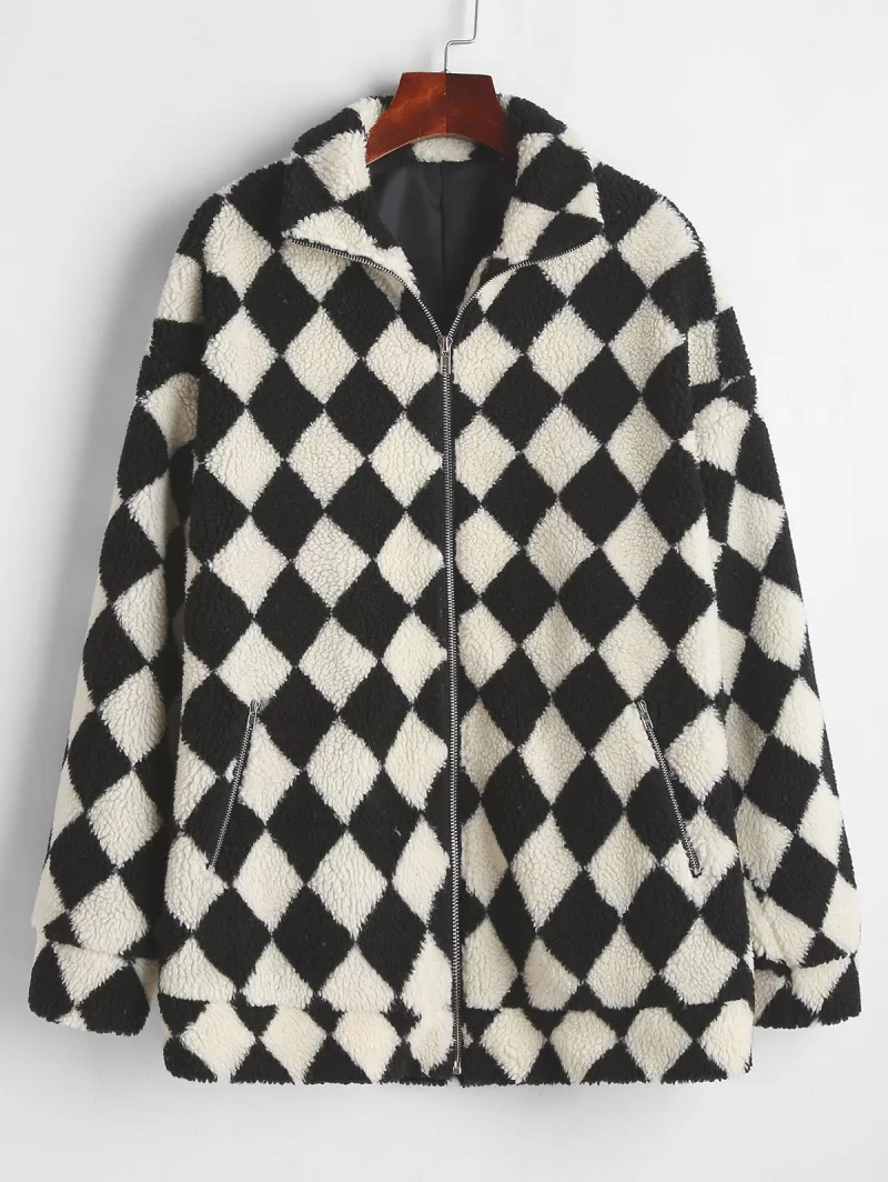 Argyle Drop Shoulder Zip Pocket Teddy Coat