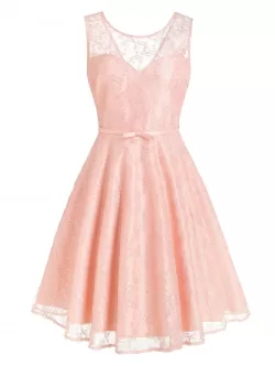 Belted Butterfly Lace Overlay V Back Dress