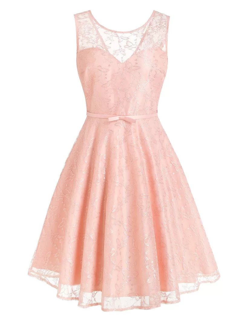 Belted Butterfly Lace Overlay V Back Dress