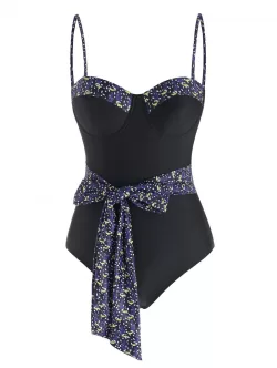 Bird Speckled Moulded Belted Backless One-piece Swimsuit