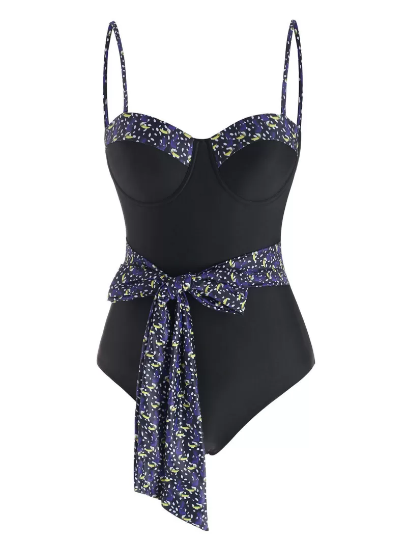 Bird Speckled Moulded Belted Backless One-piece Swimsuit