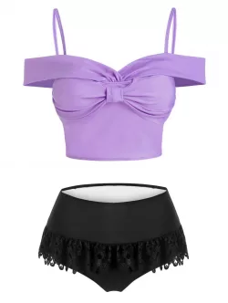 Bow Detail Lace Insert Padded Two Piece Swimsuit