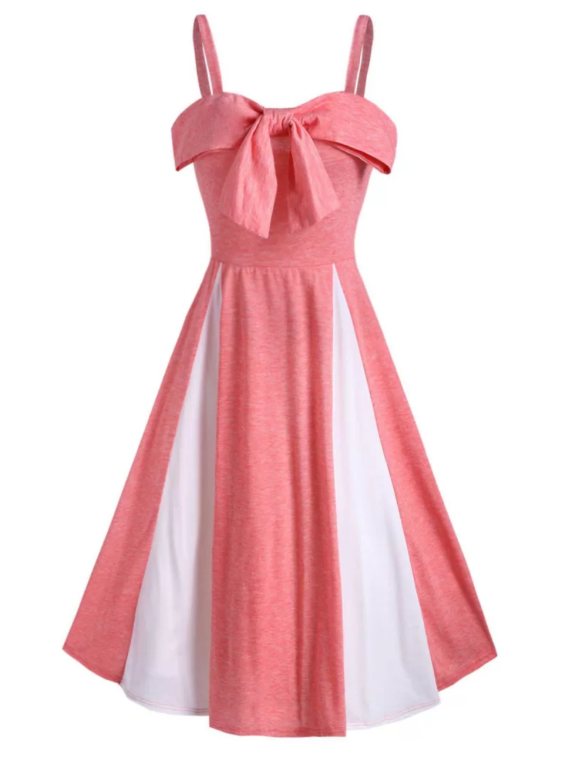 Bowknot Contrast Color Cami Mid Calf Dress