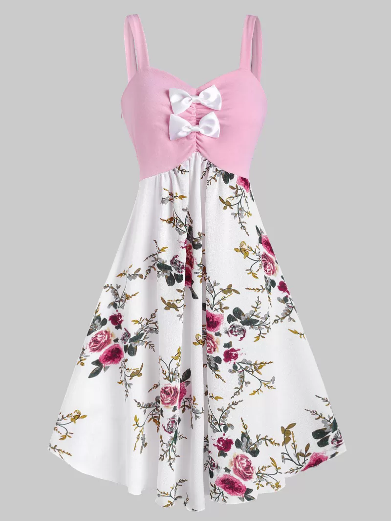 Bowknot Ruched Floral Midi Dress