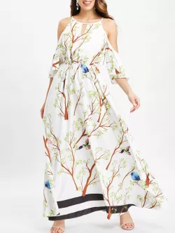 Branch Print Cold Shoulder Maxi Dress