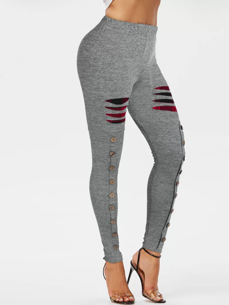 Button Embellished Plaid Print Ripped Pants