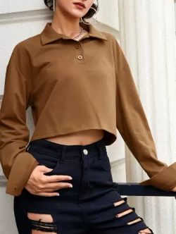 Button Front Solid Drop Shoulder Sweatshirt
