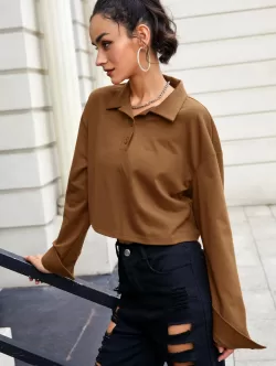 Button Front Solid Drop Shoulder Sweatshirt