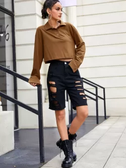 Button Front Solid Drop Shoulder Sweatshirt