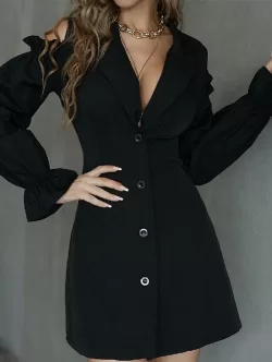 Button Up Cold Shoulder Plunging Mini Blazer Dress
