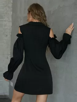Button Up Cold Shoulder Plunging Mini Blazer Dress