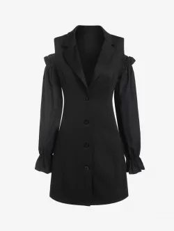Button Up Cold Shoulder Plunging Mini Blazer Dress