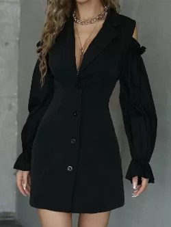 Button Up Cold Shoulder Plunging Mini Blazer Dress