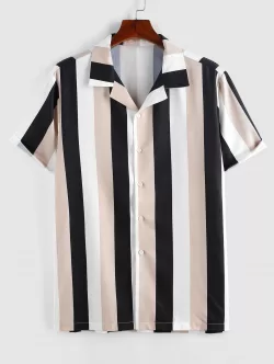 Button Up Contrasting Stripe Short Sleeve Shirt