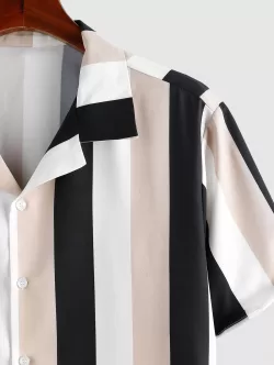 Button Up Contrasting Stripe Short Sleeve Shirt