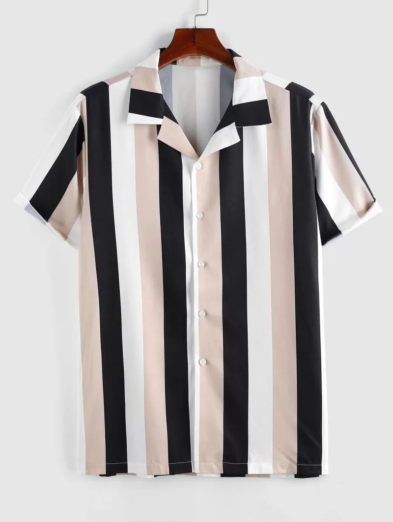 Button Up Contrasting Stripe Short Sleeve Shirt