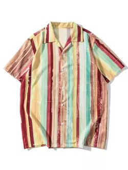 Button Up Lapel Painting Striped Shirt