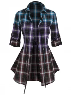 Button Up Plaid Drawstring Tie Blouse