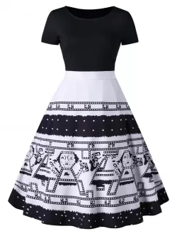 Cartoon Figure Printed Short Sleeve A-line Rockabilly Style Dress