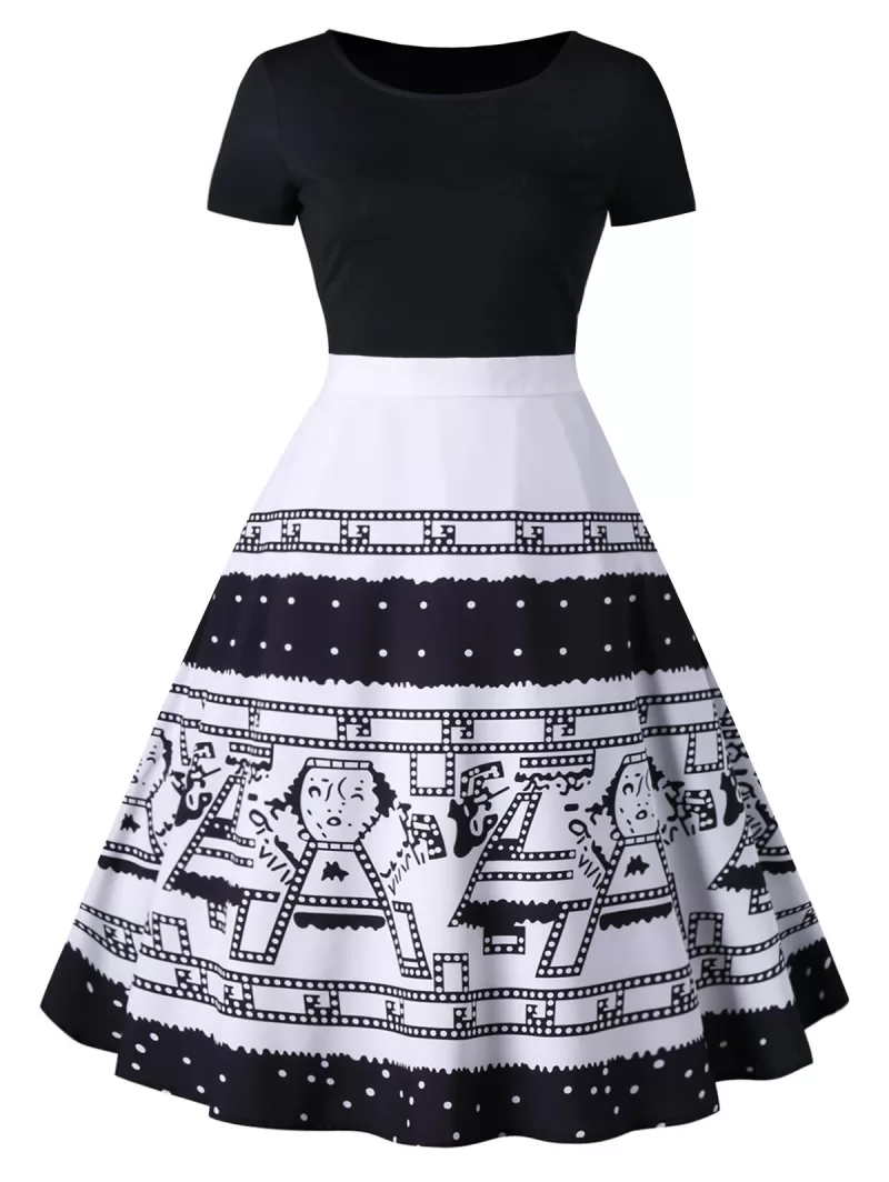 Cartoon Figure Printed Short Sleeve A-line Rockabilly Style Dress