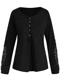 Casual Lace Splicing Scoop Neck Long Sleeve T-shirt For Women