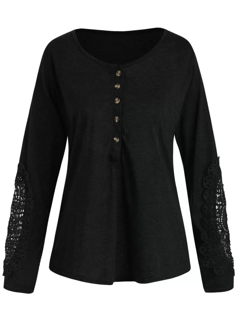 Casual Lace Splicing Scoop Neck Long Sleeve T-shirt For Women