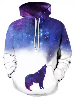 Casual Wolf Starry Pattern Front Pocket Hoodie