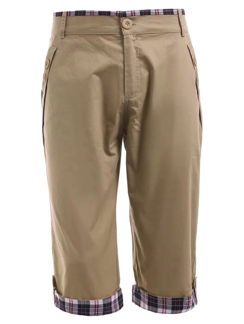 Checked Crimping Zipper Fly Chino Capri Pants