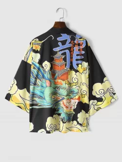 Chinese Dragon Clouds Print Drop Shoulder Kimono Cardigan