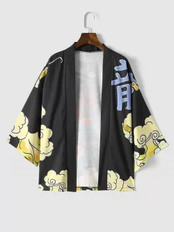Chinese Dragon Clouds Print Drop Shoulder Kimono Cardigan