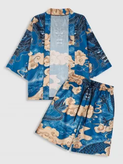 Chinese Dragon Print Kimono And Drawstring Beach Shorts Set