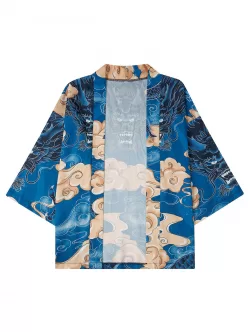 Chinese Dragon Print Kimono And Drawstring Beach Shorts Set