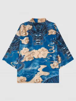 Chinese Dragon Print Kimono And Drawstring Beach Shorts Set