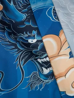 Chinese Dragon Print Kimono And Drawstring Beach Shorts Set