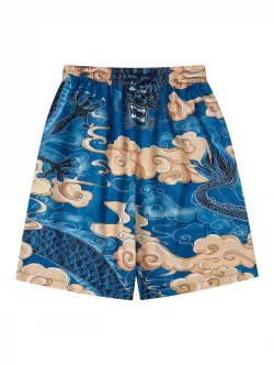 Chinese Dragon Print Kimono And Drawstring Beach Shorts Set