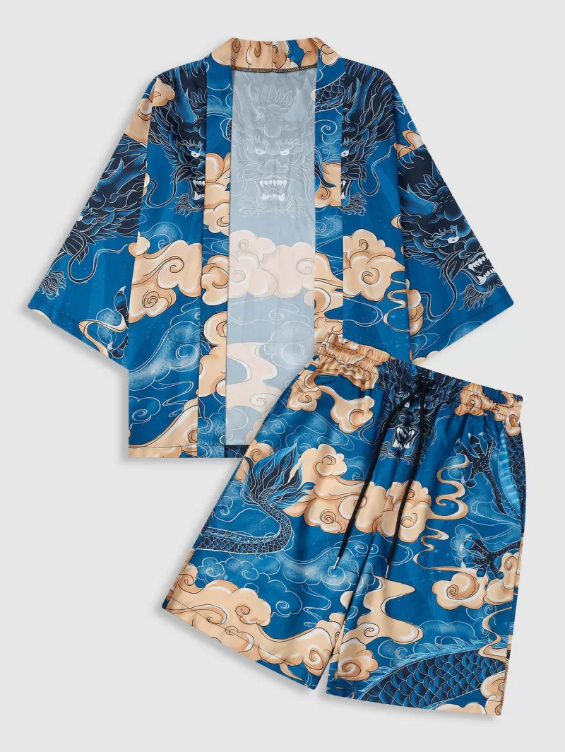 Chinese Dragon Print Kimono And Drawstring Beach Shorts Set