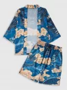 Chinese Dragon Print Kimono And Drawstring Beach Shorts Set