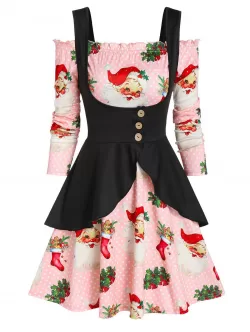 Christmas Santa Claus Print Off The Shoulder Dress And Peplum Vest