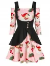 Christmas Santa Claus Print Off The Shoulder Dress And Peplum Vest