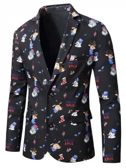 Christmas Santa Claus Snowman Animal Print Lapel Side Slit Blazer