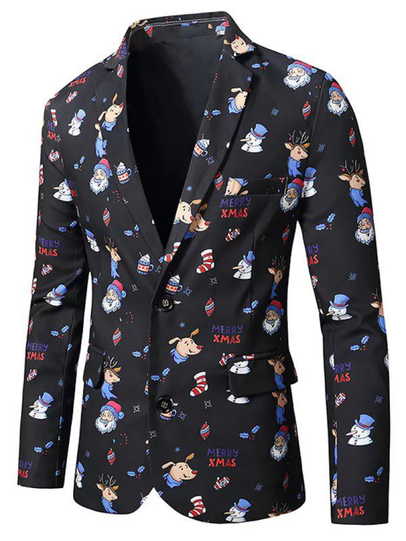 Christmas Santa Claus Snowman Animal Print Lapel Side Slit Blazer