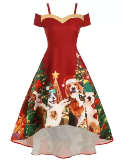 Christmas Tree Dog Print Sequined Cold Shoulder Party Dress