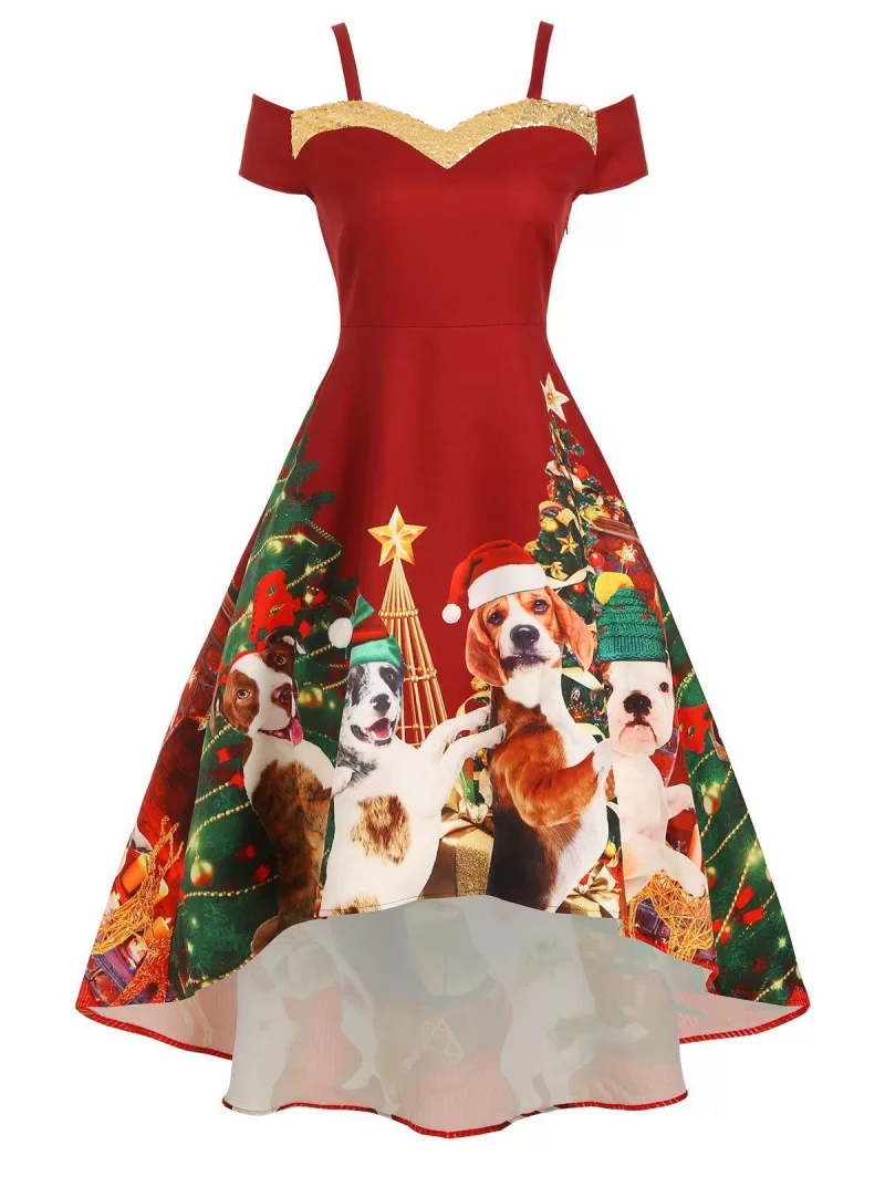 Christmas Tree Dog Print Sequined Cold Shoulder Party Dress